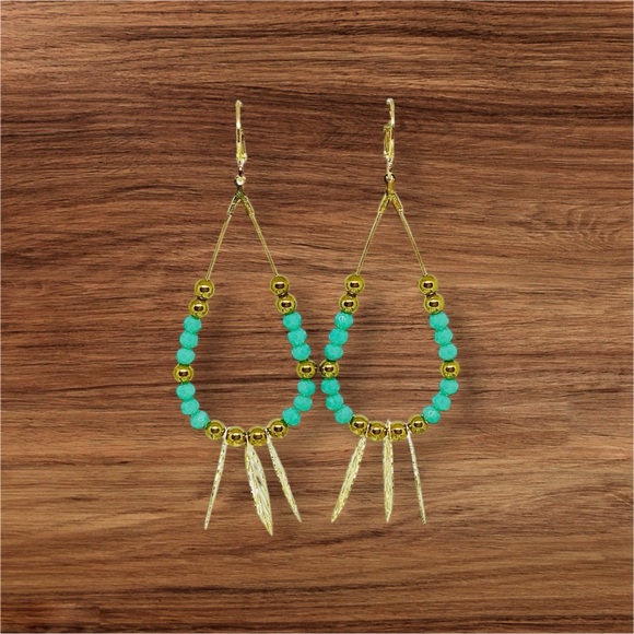 BOUTIQUE Gold and Turquoise Beaded Hoop Earrings, Classy, Dainty, Summer Dangles - Picture 5 of 9
